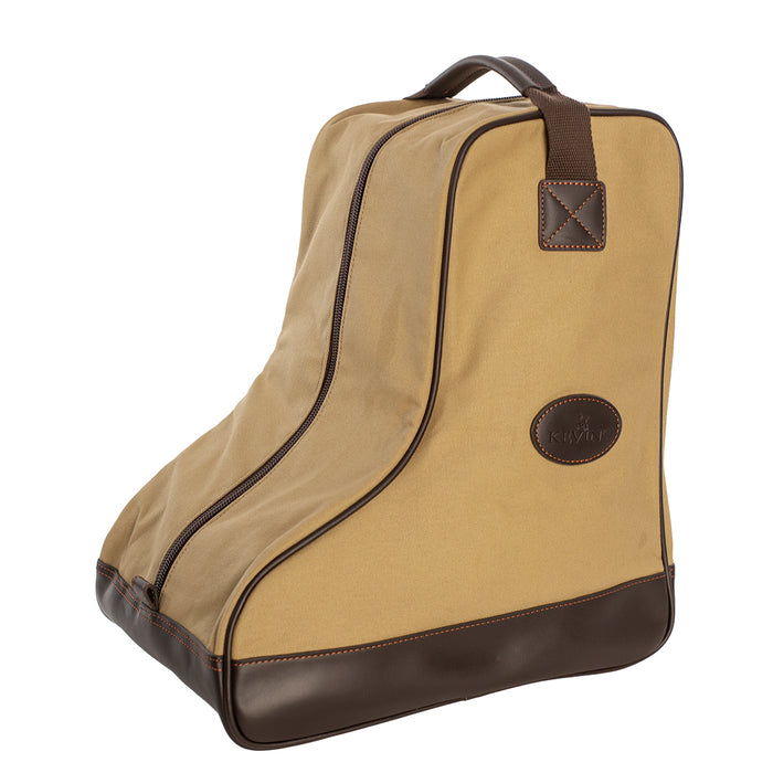 Tan canvas boot bag with brown leather trim, top handle, zippered closure, and embossed Kevin's logo on white background.