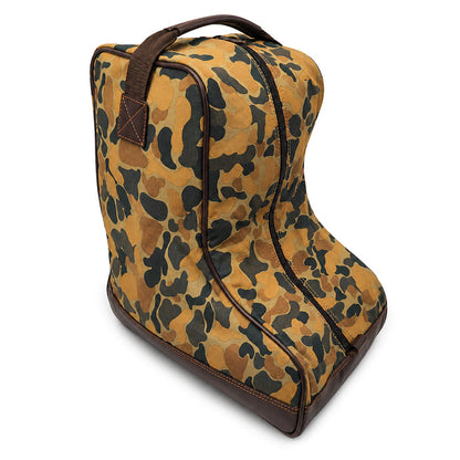 Camo canvas boot bag with brown leather trim, top handle, and a full-length front zipper for travel storage.