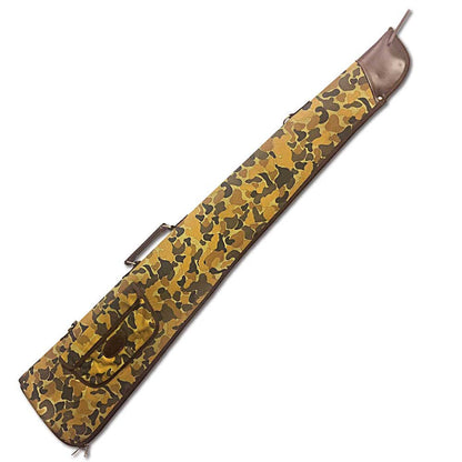 Kevin’s 52-inch camo canvas gun bag with brown leather accents, webbing handles, and a protective storage pocket.