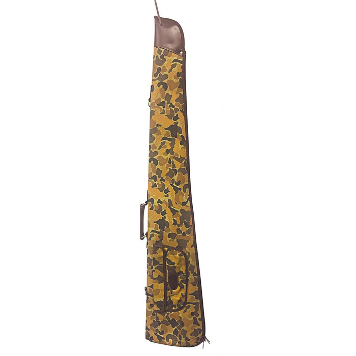 Camo canvas and leather gun bag with a carry handle, shoulder strap, and protective padded interior.
