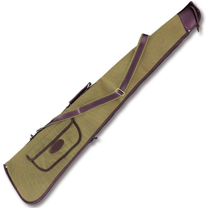 Olive green canvas gun bag with brown leather trim, shoulder strap, and accessory pocket for 52-inch firearms.