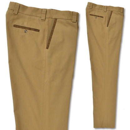 Khaki stretch cotton canvas pants featuring brown faux suede trim on the front and back pockets.