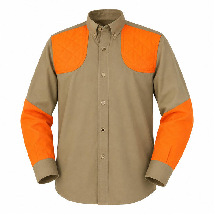 Tan cotton long-sleeve children's shooting shirt with orange quilted shoulder patches and matching orange sleeves.