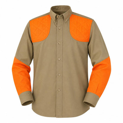 Tan cotton long-sleeve children's shooting shirt with orange quilted shoulder patches and matching orange sleeves.