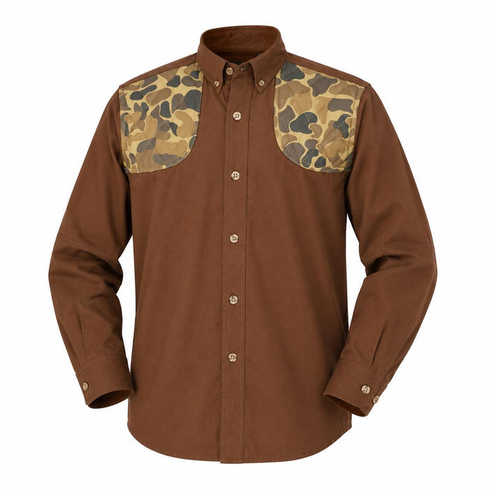 Brown cotton long-sleeve children's shooting shirt with camo shoulder patches and a button-down collar.