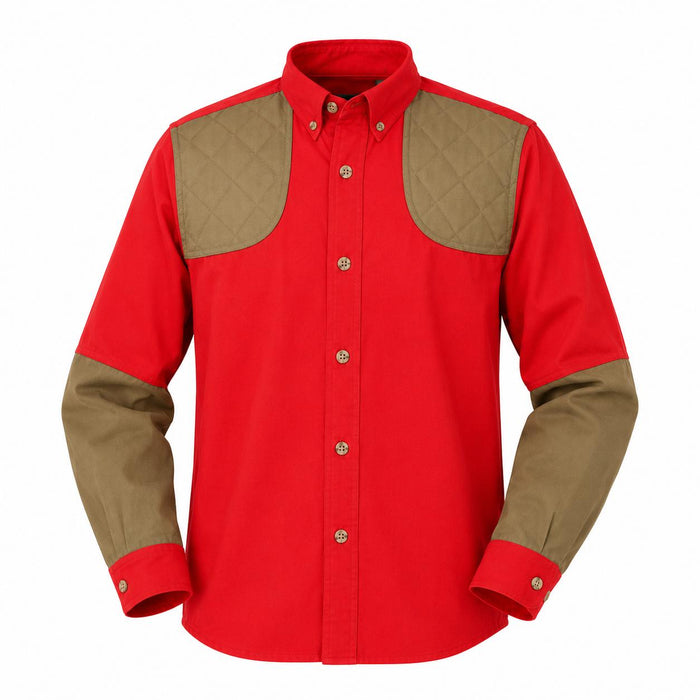 Red long-sleeve cotton poplin shooting shirt for children with tan quilted shoulder patches and button-down collar.