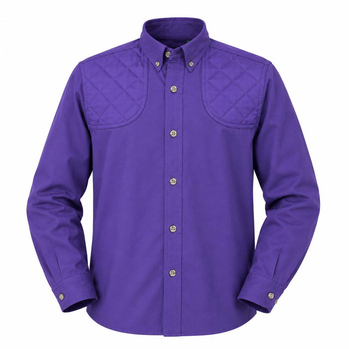 Purple long-sleeve cotton poplin shooting shirt for children with a button-down collar and quilted shoulder patches.