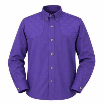 Purple long-sleeve cotton poplin shooting shirt for children with a button-down collar and quilted shoulder patches.