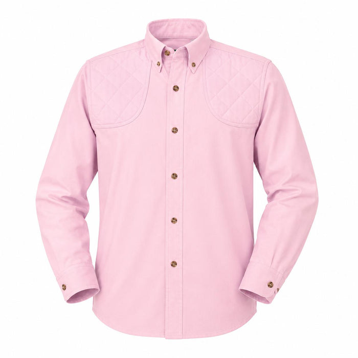 Pink long-sleeve cotton poplin children's shooting shirt with a button-down collar and quilted shoulder patches.