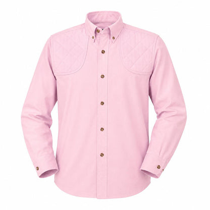 Pink long-sleeve cotton poplin children's shooting shirt with a button-down collar and quilted shoulder patches.