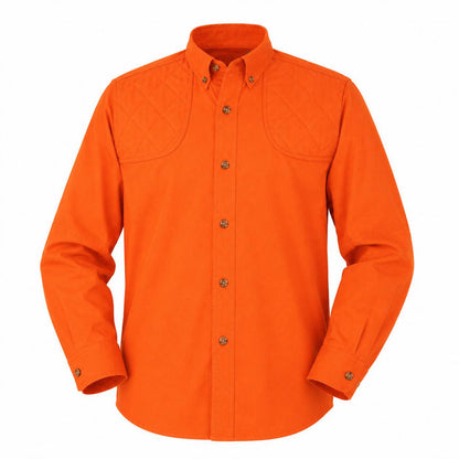 Bright orange children's long-sleeve cotton poplin shooting shirt with quilted shoulder patches and button-down collar.