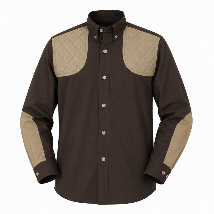 Brown 100% cotton long-sleeve shooting shirt for children with tan quilted shoulder patches and elbow reinforcements.