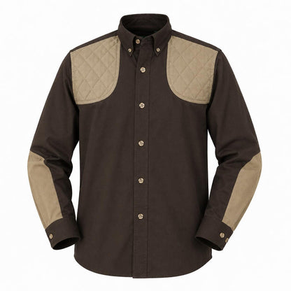 Brown 100% cotton long-sleeve shooting shirt for children with tan quilted shoulder patches and elbow reinforcements.