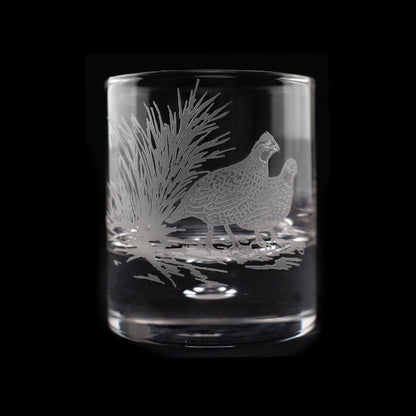 11oz crystal old fashioned glass featuring a detailed sand-etched quail and grass design on a clear glass surface.