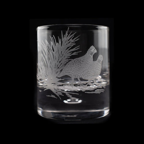 11oz crystal old fashioned glass featuring a detailed sand-etched quail and grass design on a clear glass surface.