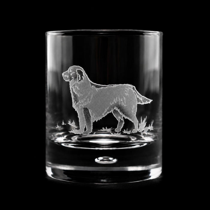 11 oz crystal old fashioned glass featuring a detailed sand-etched golden retriever design on a black background.