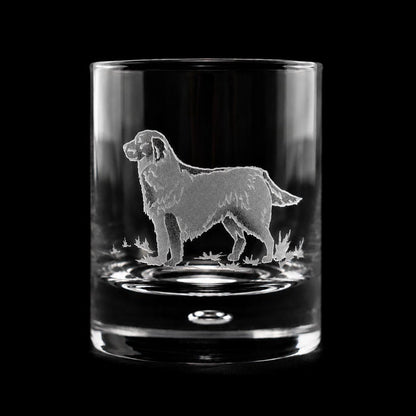 11 oz crystal old fashioned glass featuring a detailed sand-etched golden retriever design on a black background.
