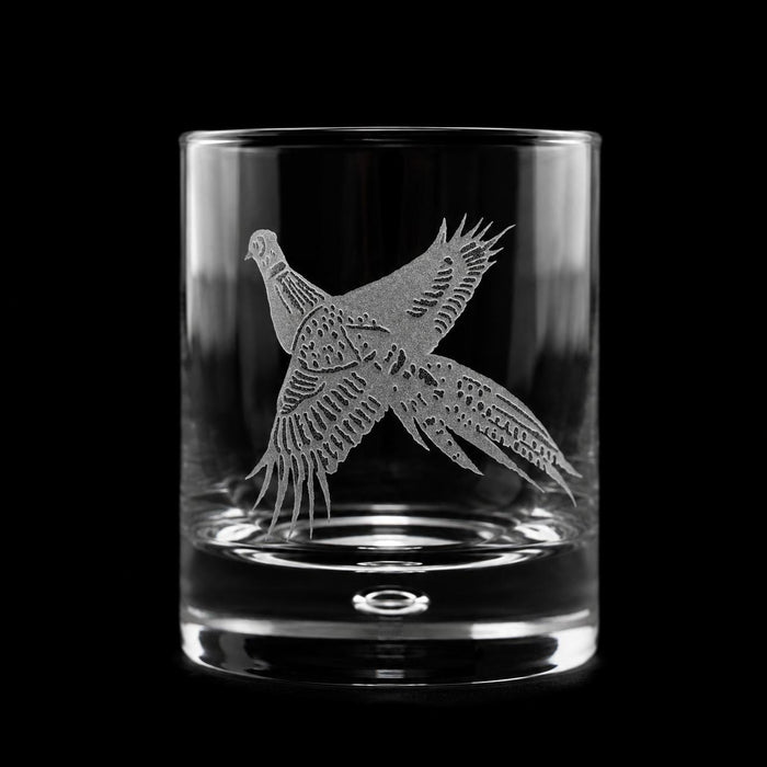 11oz crystal old fashioned glass featuring a hand-carved, sand-etched pheasant design on a clear glass tumbler.