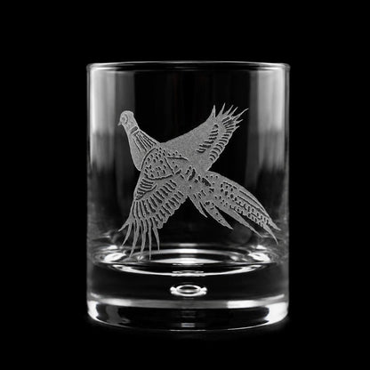 11oz crystal old fashioned glass featuring a hand-carved, sand-etched pheasant design on a clear glass tumbler.