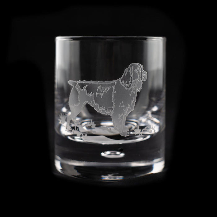 11 oz crystal old fashioned glass featuring a detailed sand-etched spaniel dog design on a clear glass surface.