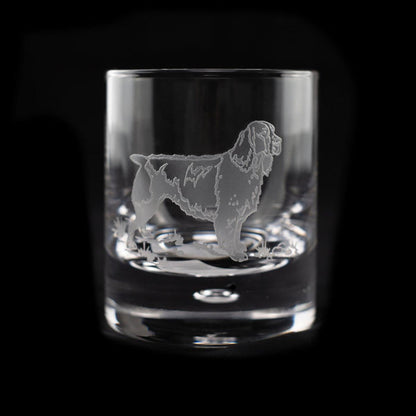 11 oz crystal old fashioned glass featuring a detailed sand-etched spaniel dog design on a clear glass surface.
