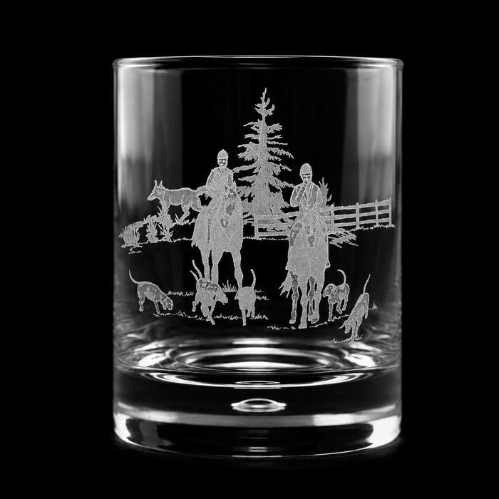 11oz crystal old fashioned glass featuring a detailed sand-etched fox hunting scene on a clear glass surface.