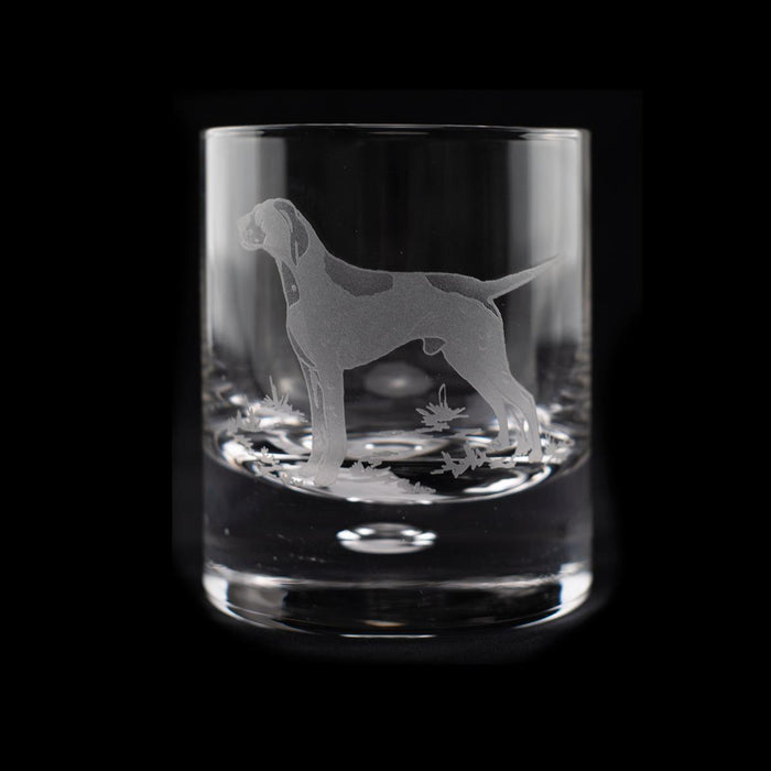 11 oz crystal old fashioned glass featuring a detailed, sand-etched pointer dog design on a clear, heavy-bottomed tumbler.