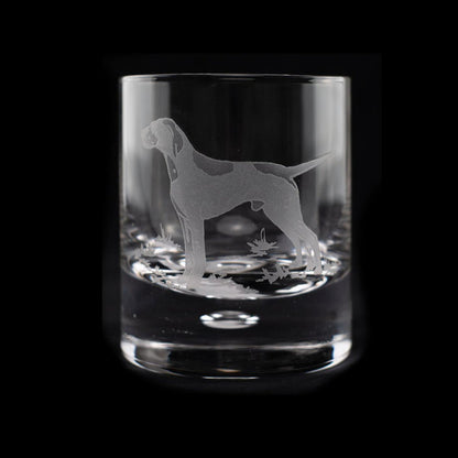 11 oz crystal old fashioned glass featuring a detailed, sand-etched pointer dog design on a clear, heavy-bottomed tumbler.