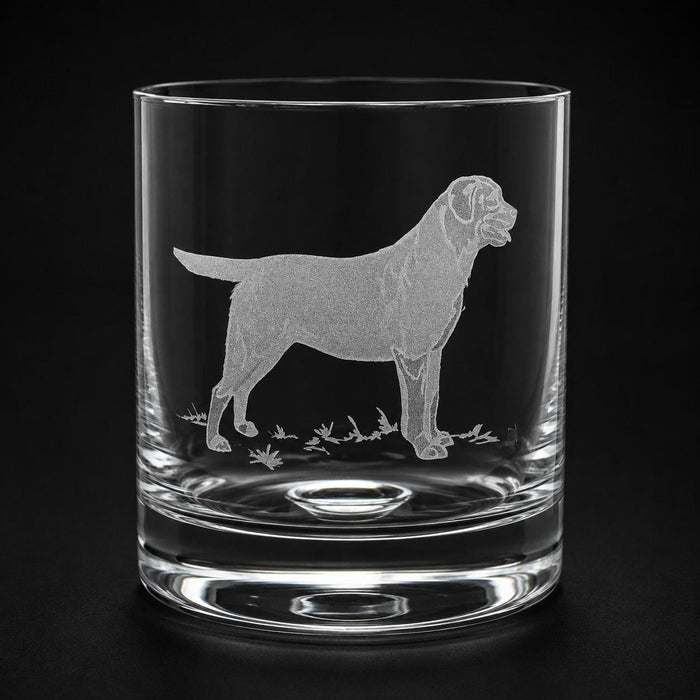 11oz crystal old fashioned glass featuring a detailed, sand-etched Labrador retriever design on a black background.