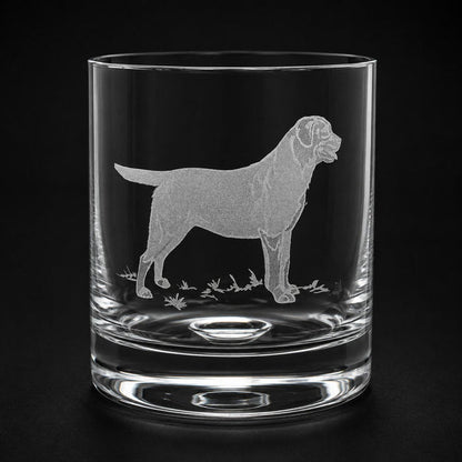 11oz crystal old fashioned glass featuring a detailed, sand-etched Labrador retriever design on a black background.