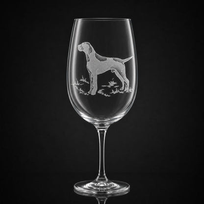 11 oz clear crystal white wine glass with hand-etched Pointer dog design, made in the USA.