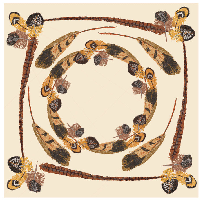 22-inch square cotton napkin featuring a circular pheasant feather pattern in earthy brown and gold tones on a cream background.