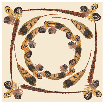 54-inch square cream cotton tablecloth featuring a decorative brown and gold pheasant feather pattern border.