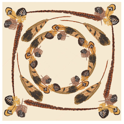 54-inch square cream cotton tablecloth featuring a decorative brown and gold pheasant feather pattern border.