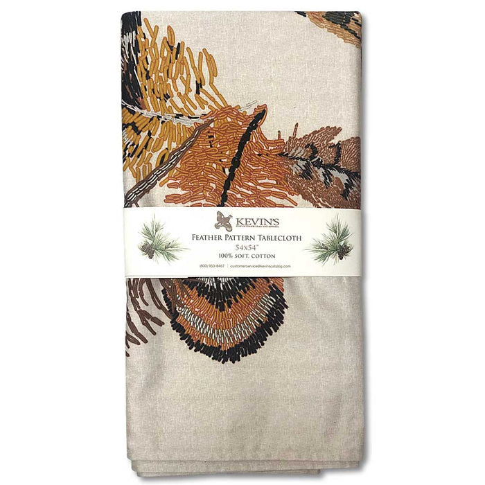 54-inch square 100% cotton tablecloth featuring a rustic pheasant feather pattern in earthy brown and tan tones.