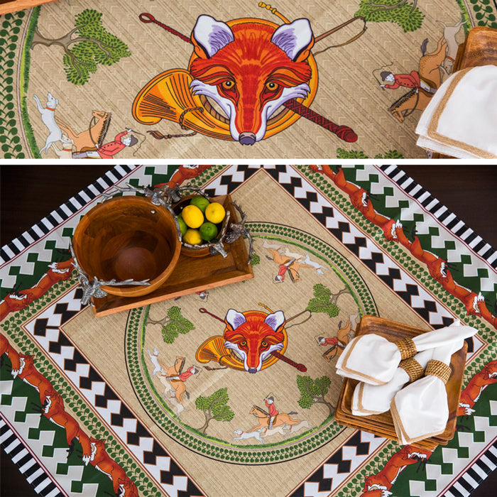 54-inch square cotton tablecloth featuring a vibrant fox hunt motif with horses, hounds, and riders on a tan background.