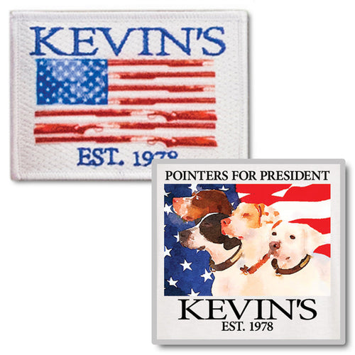 Two embroidered Kevin's patches featuring a gun-themed American flag and a Pointers for President dog design.