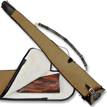 Khaki canvas gun slip with mahogany leather trim, sheep wool lining, brass hardware, and removable shoulder strap.