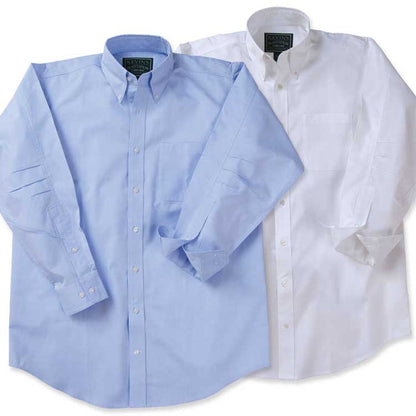 Light blue and white long-sleeve Egyptian cotton poplin shirts with button-down collars and flexible ergonomic design.