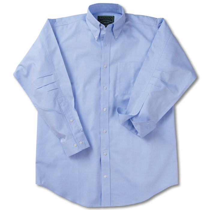 Light blue long-sleeve button-down shirt in soft Egyptian cotton poplin with ergonomic flexible sleeve design.