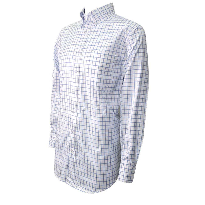 Kevin's long-sleeve button-down shirt in white and blue grid-patterned Italian Egyptian cotton poplin.