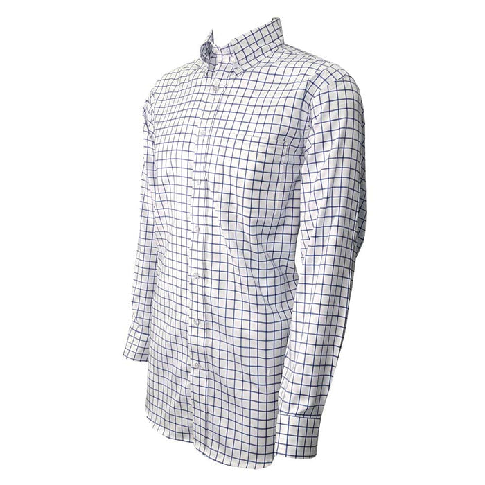 White and blue grid-patterned long-sleeve button-down shirt in soft Italian Egyptian cotton poplin.