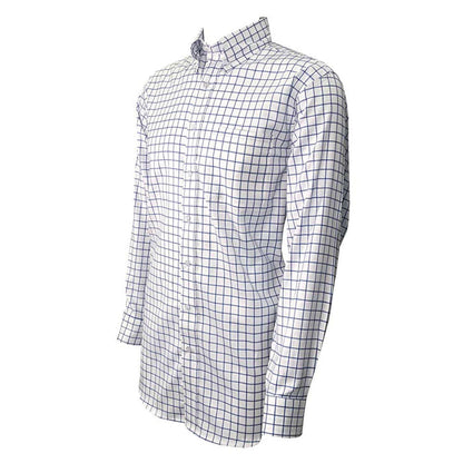 White and blue grid-patterned long-sleeve button-down shirt in soft Italian Egyptian cotton poplin.