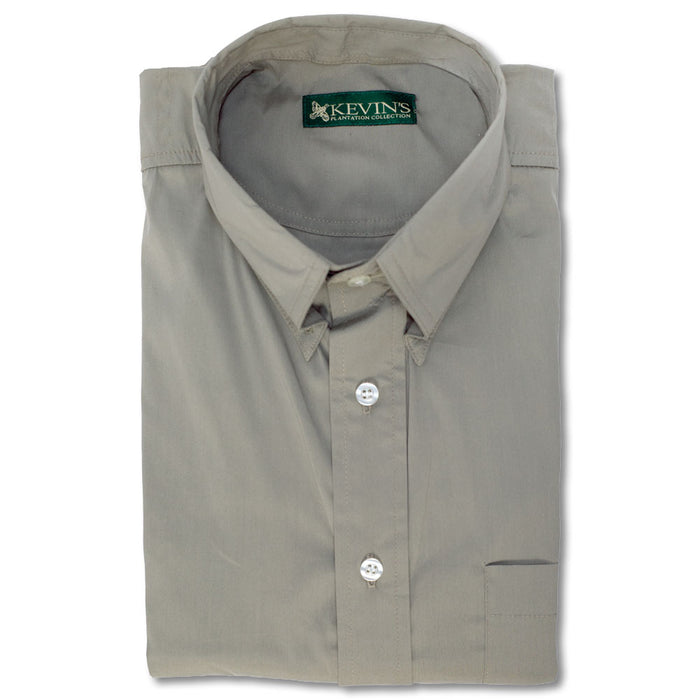 Folded light grey Egyptian cotton long-sleeve poplin shirt with a button-down collar and chest pocket.