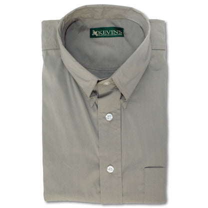 Folded light grey Egyptian cotton long-sleeve poplin shirt with a button-down collar and chest pocket.