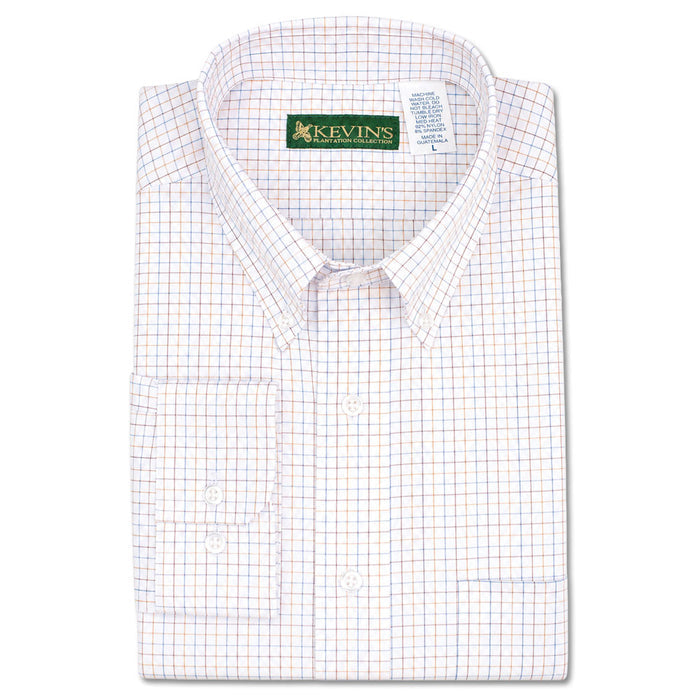 Folded long-sleeve button-down shirt in white with a blue and orange grid check pattern and a button-down collar.