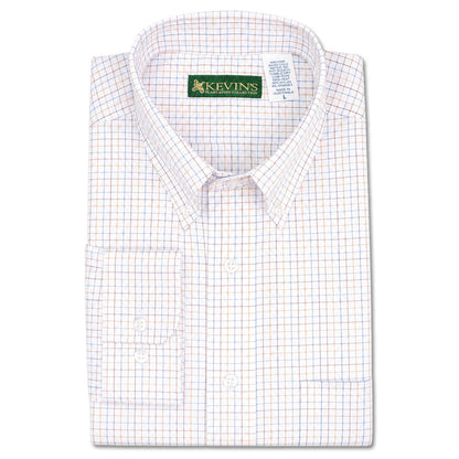 Folded long-sleeve button-down shirt in white with a blue and orange grid check pattern and a button-down collar.
