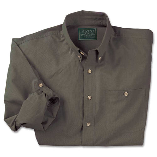 Olive green long-sleeve field shirt in cotton poplin with horn buttons, chest pocket, and sleeve roll-tabs.
