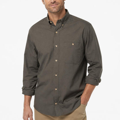 Olive green long-sleeve field shirt in lightweight cotton poplin with horn buttons and a chest pocket.