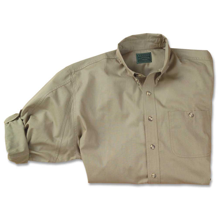 Tan long-sleeve field shirt in lightweight cotton poplin with horn buttons, a chest pocket, and roll-tab sleeves.
